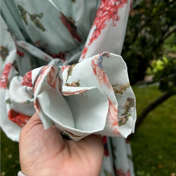 JF LEFON Mint Green Floral Long Sleeve Faux Wrap Belted Mini Dress, Sz L - Picture 10 of 16